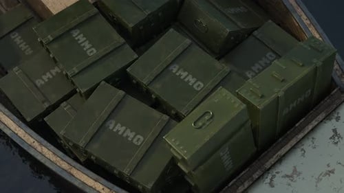 Illegal weapon smuggling. An old fishing boat full of wooden military boxes
