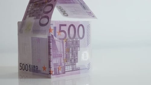 Finishing European Union paper money made house 4K 21650p 30fps UltraHD tilting footage - Slow tilt