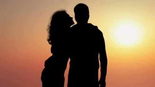Silhouette Couple Watching Sunset in Nature