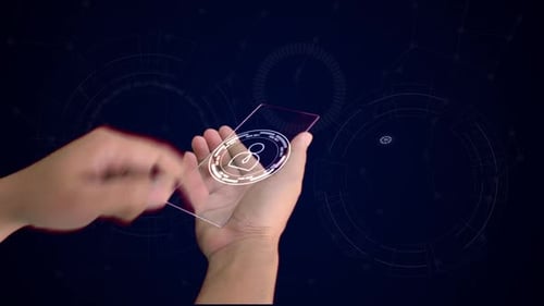 Human Hand using smartphone with futuristic HUD technology