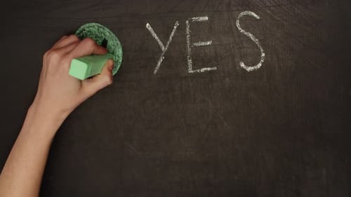 Human Hand Draws Words Yes No and Possibly on Blackboard with White Chalk Front View