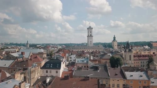 Aerial Drone Footage of European City Lviv, Ukraine, Flight Above Popular Ancient Part of Old Town