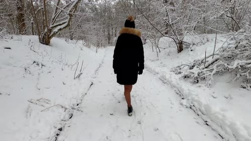 A woman in a black hat and a twist is walking in a winter forest, park.