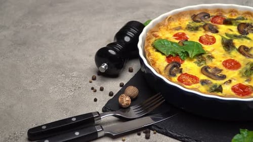 Baked Homemade Quiche Pie in Ceramic Baking Form