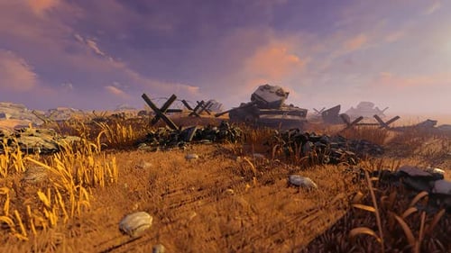 War-torn Battlefield with Destroyed Tank and Barbed Wire