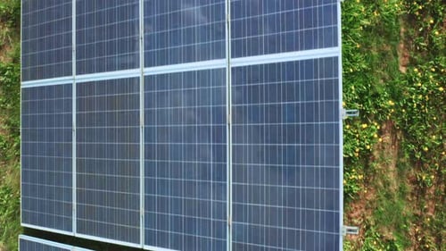 Long Row of Photovoltaic Sun Panels Built on Grass Closeup