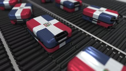 Dominican Republic Flag Suitcases on Airport Conveyor Belt