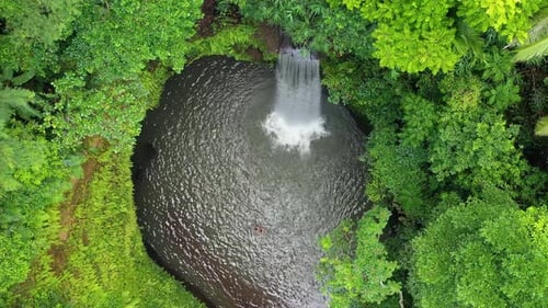 Aerial View on The Waterfall in The Forest. Natural Landscape from Air in Bali, Indonesia.