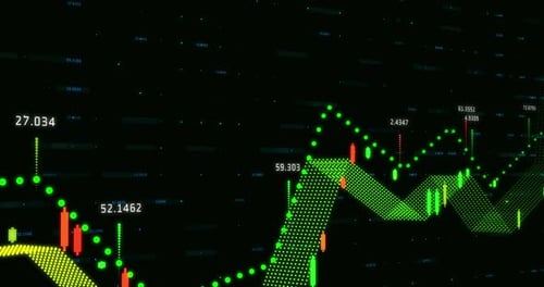 Green graph and numbers moving against black background
