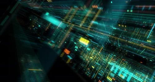 Seamless fly through of abstract circuitry with digital grid background