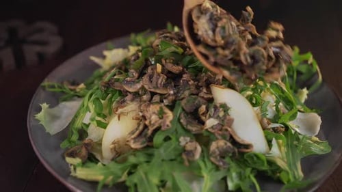 Chef Adds Fried Mushrooms To the Vegetables Salad, Cooking Vegetarian Meals, Making the Dish