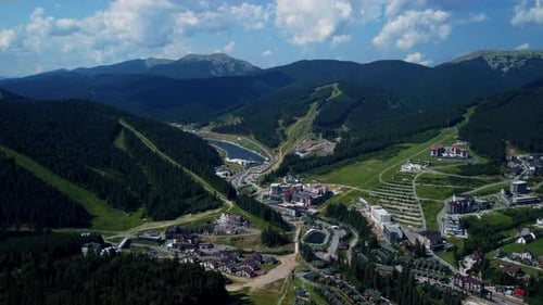 Arial view of idyllic high-rise touristic place in Bukovel, Ukraine.