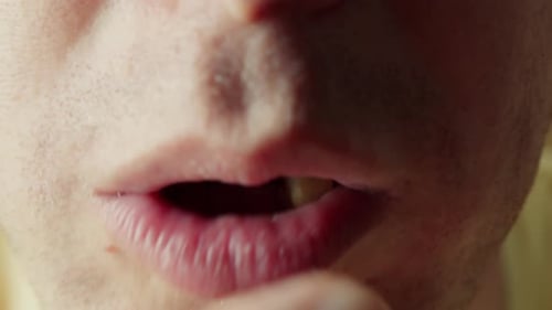Closeup Mouth of a Hungry Man with Braces on His Teeth Who Greedily Eats French Fries Eats Fast Food