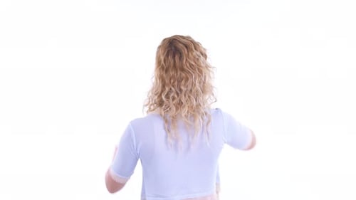 Rear View of Blonde Woman Touching Something