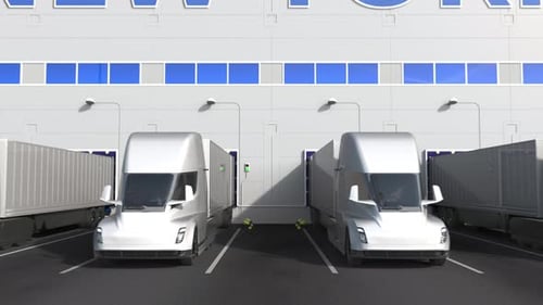 Modern Semitrailer Trucks with PRODUCT OF NEW YORK Text