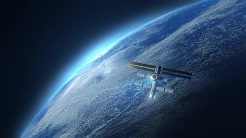 Una estación espacial en el espacio que orbita alrededor de la Tierra y emite muchos rayos azules