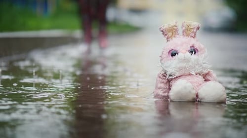 Abandoned Pink Rabbit Toy in Rain Puddle