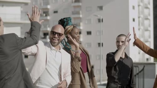 Happy Diverse Team Congratulating Success With High Fives