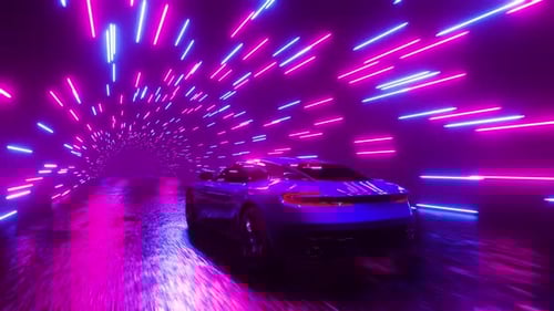 A sports car rushes through a neon tunnel. Infinitely looped animation.