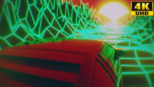 Retro Synthwave Car Driving Through Neon Grid Landscape