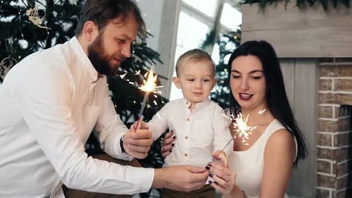 Family Celebrates Christmas with Sparklers Indoors