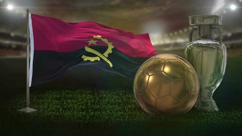 Angola National Flag Waving with Golden Football and Silver Championship Trophy