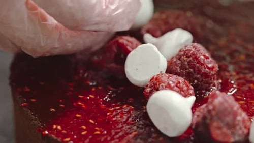 Chef decorating gourmet raspberry cake