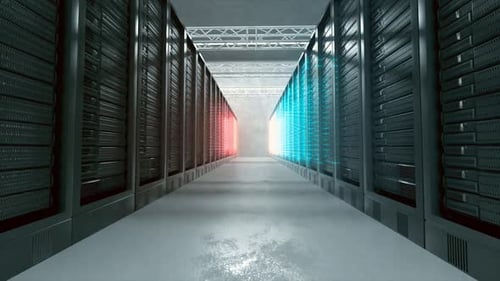 Futuristic Server Room Corridor with Digital Data Flow Animation