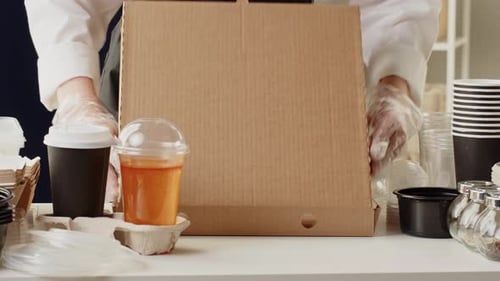 Buying Pizza in Box and Drinks Coffee to Go