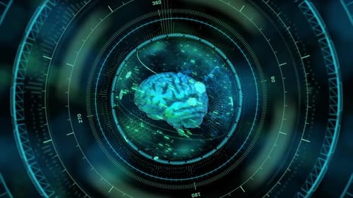 Digital Brain Scan with Futuristic HUD Elements and AI Technology