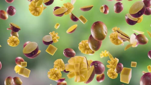 Mango with Slices Falling on Kitchen Background
