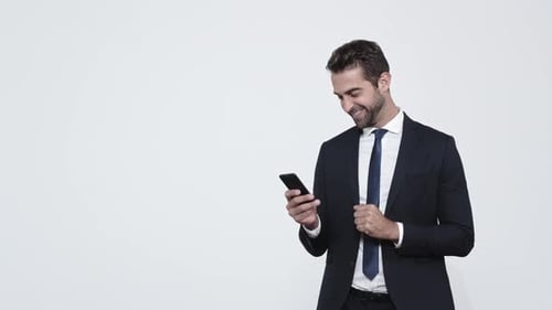 Successful Businessman Browsing Cell Phone Smiling