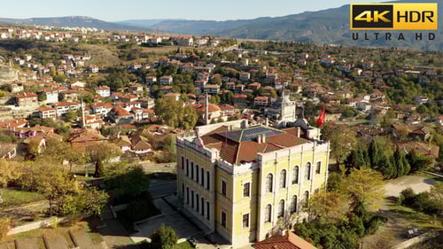 Aerial View of Traditional Town with Red Roofs