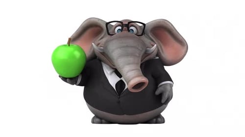3D Animated Elephant Character in Suit Holding Green Apple