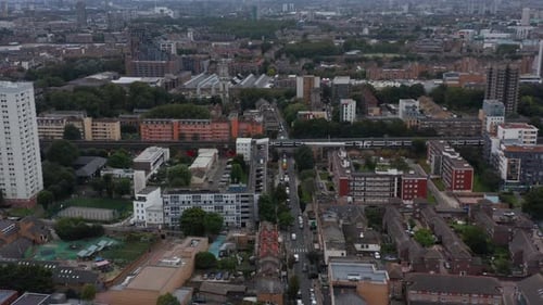 Aerial View of Urban Cityscape With Transportation
