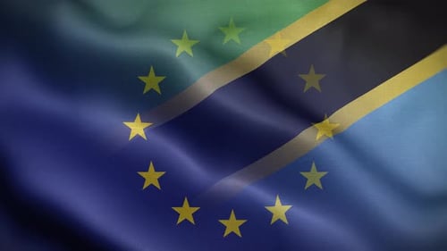 Waving Flags of European Union and Tanzania Blend Together