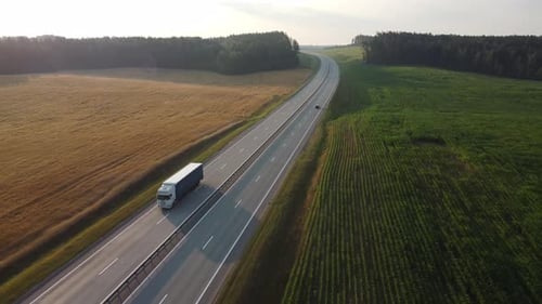 Heavy truck is carrying cargo on the highway in a beautiful area at dawn.