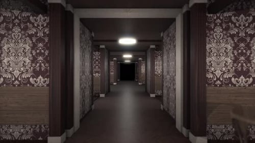 Abstract scary hallway inside old hotel building