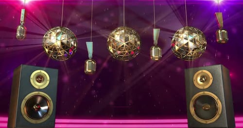 Vibrant Music Stage Background with Disco Balls and Microphones