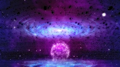 Futuristic Space Galaxy with Glowing Particle Sphere and Rings