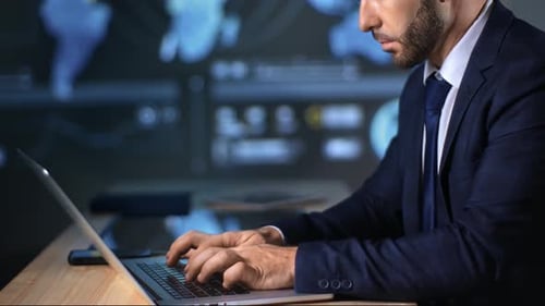 Closeup Business Male Working Laptop at Hi Tech Office Infographics Scheme Diagram Hologram Screen