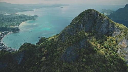 Ocean Harbor Town Cityscape at Mountain Peak with Green Tropic Forest. Many Buildings at Sea Bay