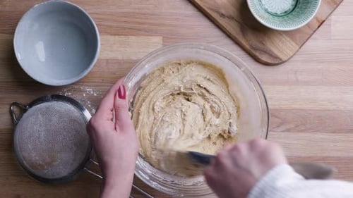 Mixing Batter in Bowl, Overhead Shot