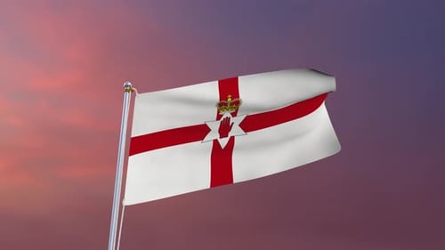 Waving Northern Ireland Flag Animation Against Sunset Sky