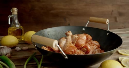 Marinated Chicken Drumsticks in a Wok on Table