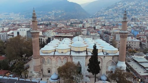 Aerial View of Bursa Historical Grand Mosque with Drone