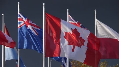 National Flags Waving in Wind: Canada, Australia, Poland