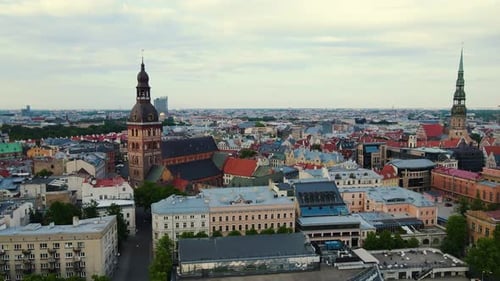 Drone Flying Over the Streets of Riga Amazing City with Vintage Architecture