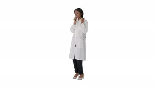 Woman Doctor Talking on Phone in Lab Coat