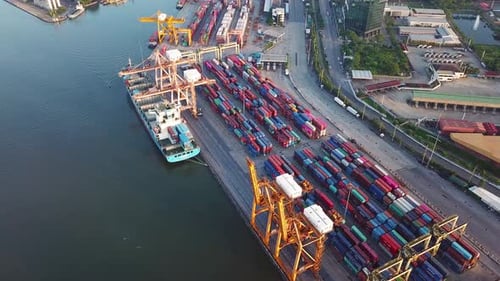 Aerial top view of container cargo ship in the export and import business and logistics